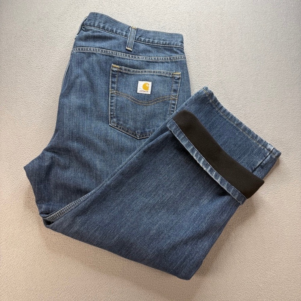 Carhartt Jeans Relaxed Fit 44x30 (FIT 44x25) Blue Fleece Lined Denim Work Pants